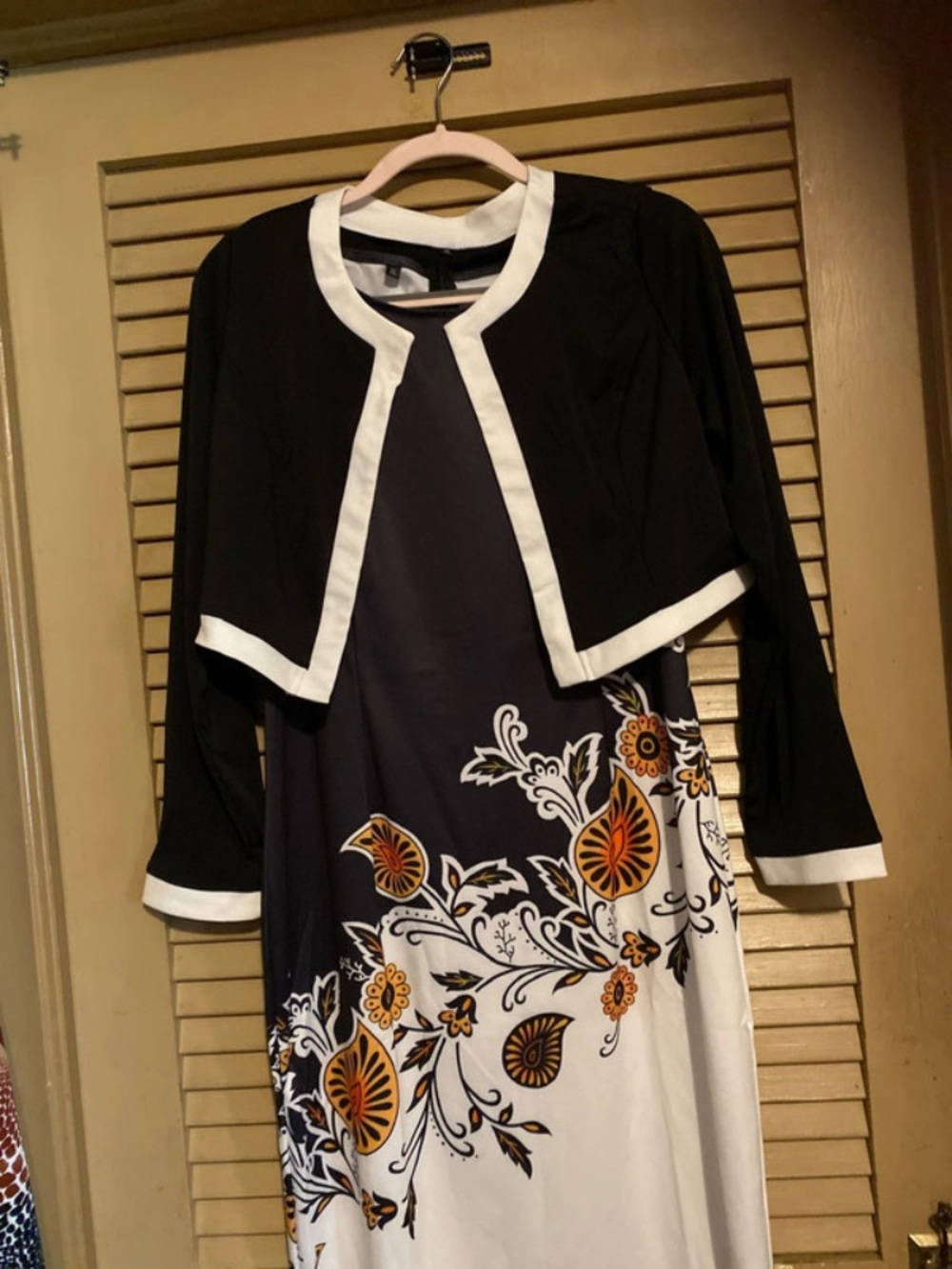 Black and White Floral Border Midi Dress with Cropped Jacket